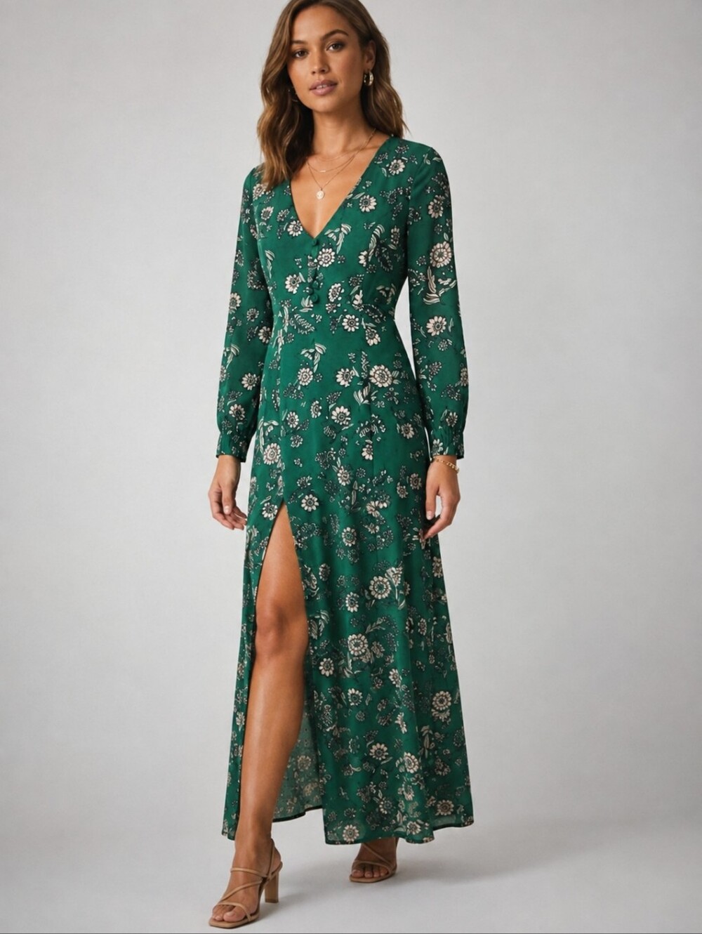 Bardot Green Floral Midi Dress Long Sleeve Discolored Area Size 6 Small